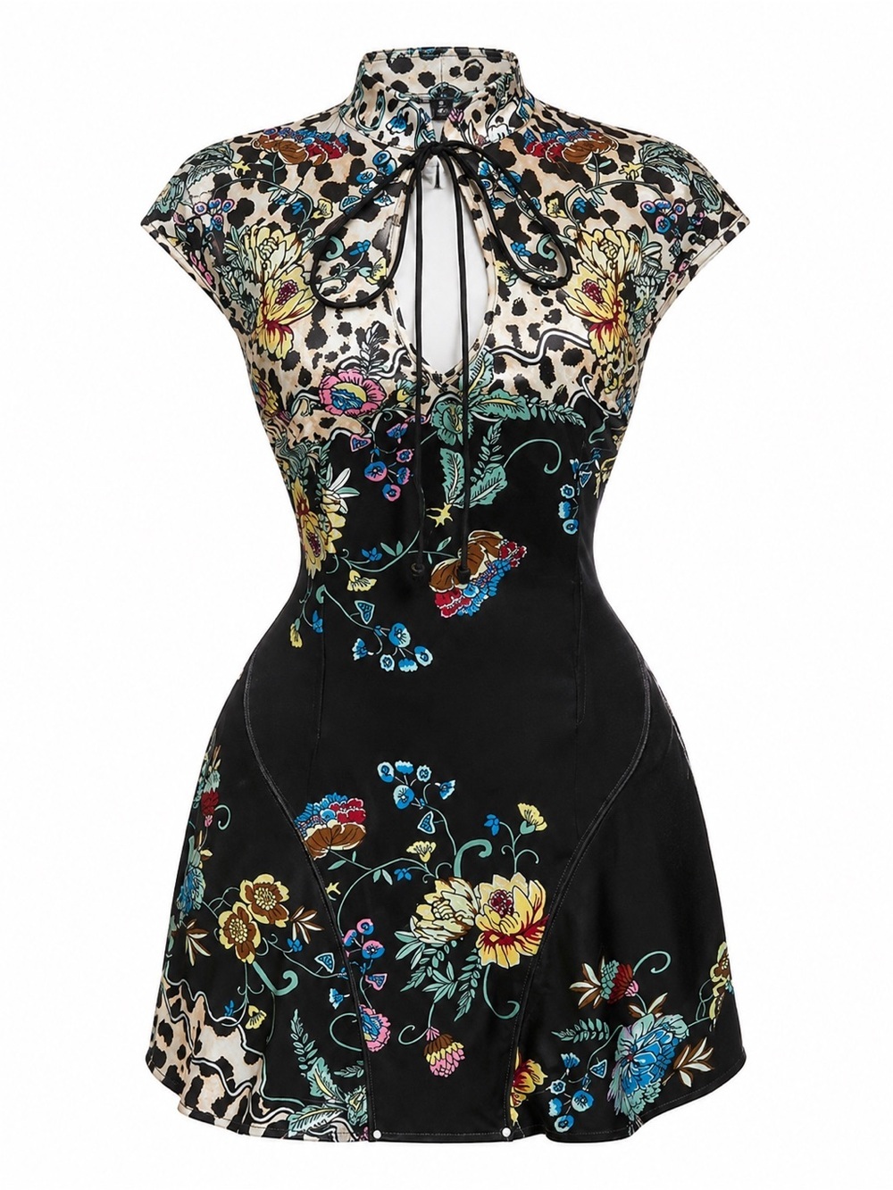 SHEIN Black Floral Mandarin Collar Mini Dress 0XL